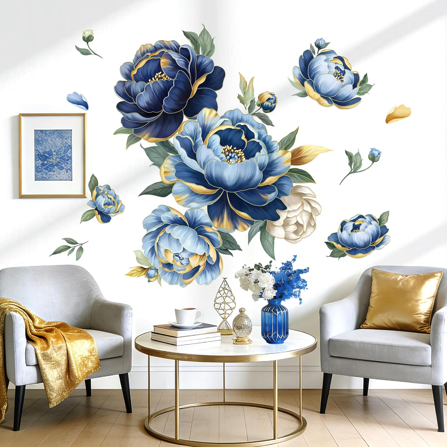 Large Flower Wall Stickers Gold Leaves Penoy Floral Wall Decals Bedroom Living Room Sofa TV / Blue