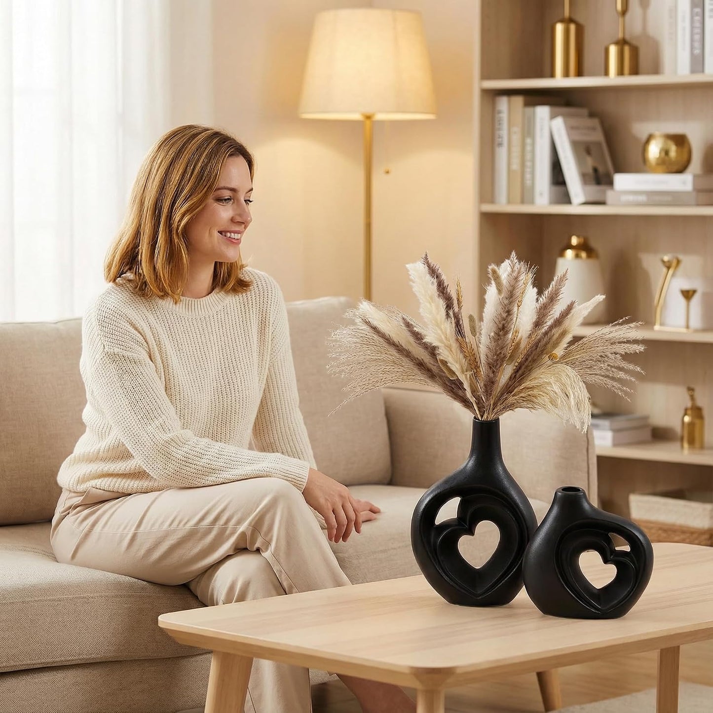 Matte Black Heart Shaped Hollow Ceramic Vase / Black-01 / Set of 2