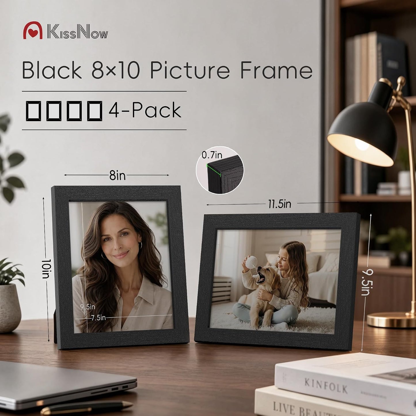 8x10 Picture Frame 4 Pack, Black Solid Wood, Wall or Tabletop | Gallery Wall Set, Thick & Wide Border, Polished
