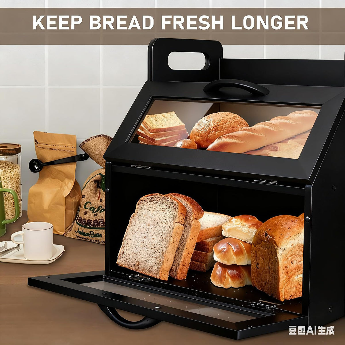 BAMBANG Bread Box for Kitchen Countertop, Extra Large Double Layer Bamboo Breadbox with Clear Window, Farmhouse Wooden