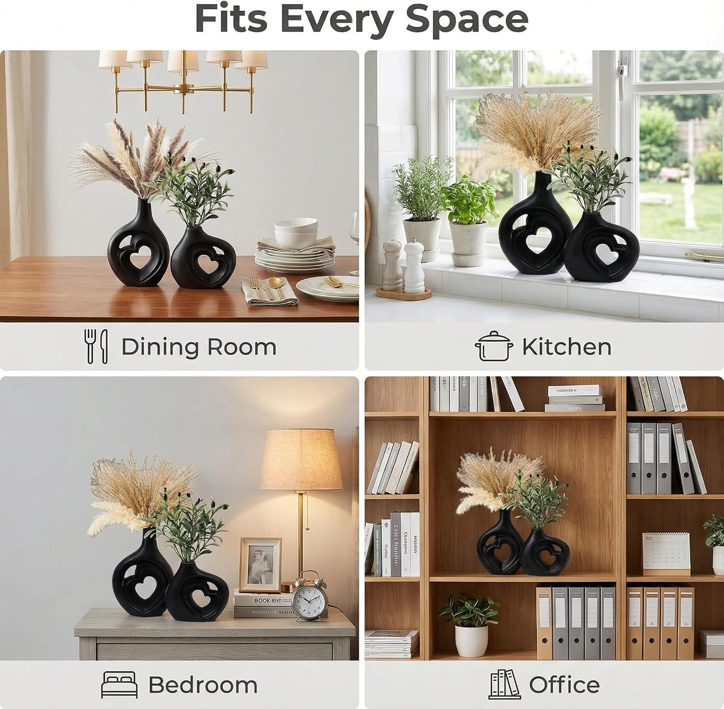 Matte Black Heart Shaped Hollow Ceramic Vase / Black-01 / Set of 2