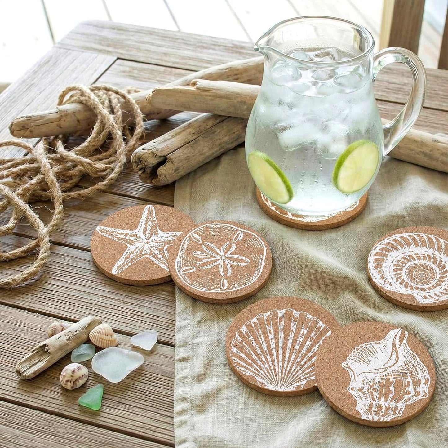 Coastal Coasters for Drinks Beach Cork Coasters Sea Shell Printed Round Absorbent Mat / Set of 12