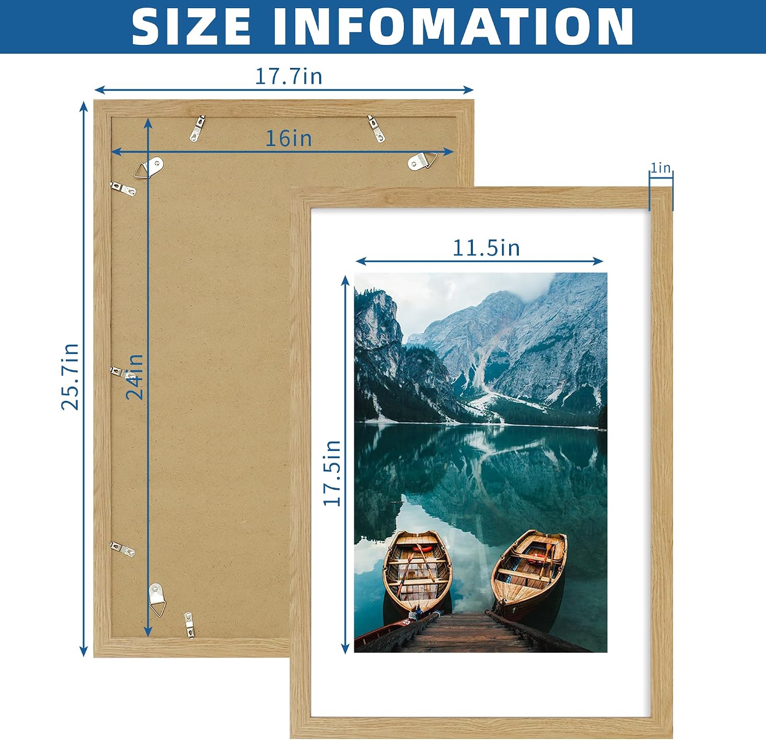 Hongkee 16x24 Frame Set of 2, Natural Oak Wood Style - Display 16 x 24 Picture without Mat or 12x18 Picture with Mat