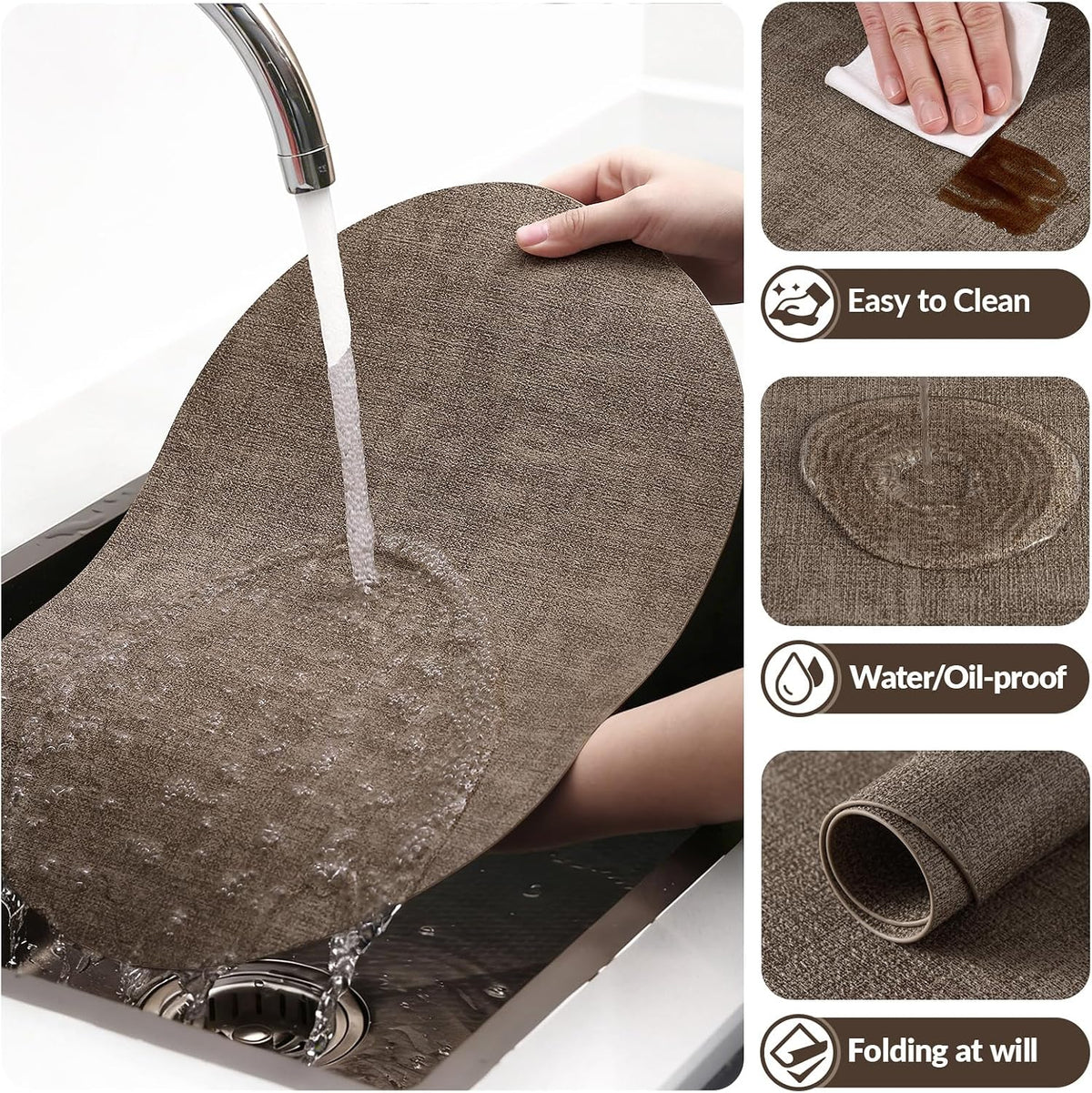 Placemats Set of 6, 11.8 x 17 Inch, Dark Brown | Heat Resistant Oval Faux Leather Place Mats, Waterproof Wipeable