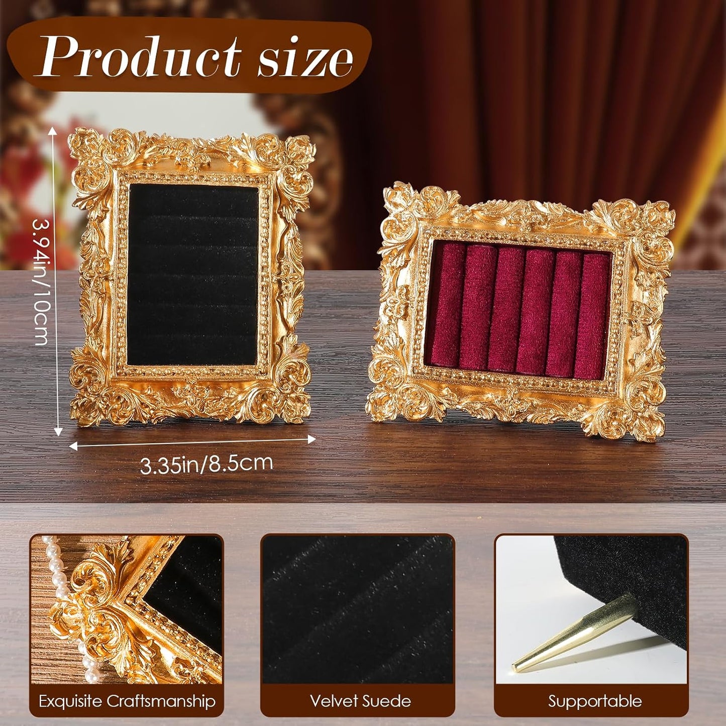 Vintage Ring Holder Rectangle Gold Velvet Display Stand / Mpf05-gold Black