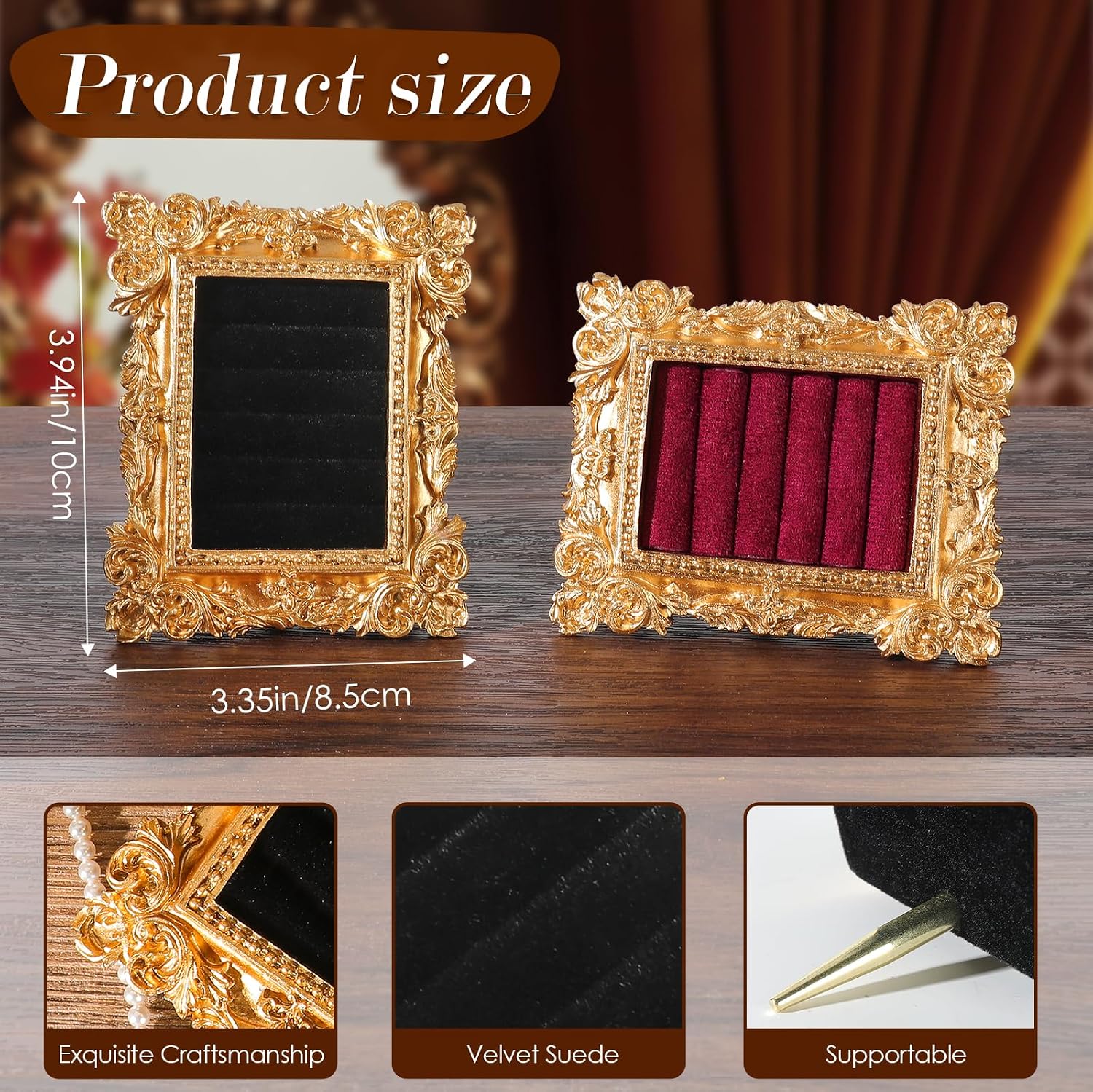Vintage Ring Holder Rectangle Gold Velvet Display Stand / Mpf05-gold Black