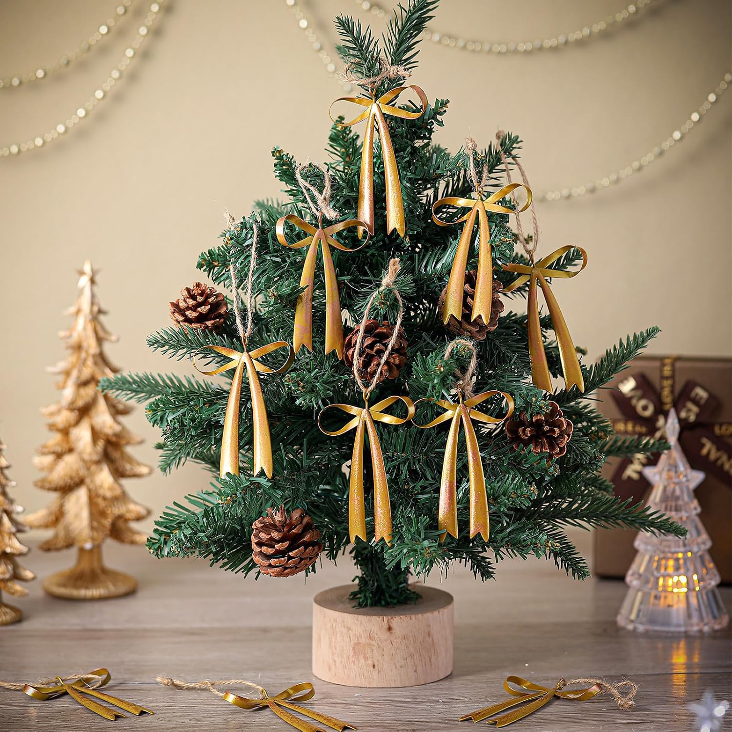 Brass Bow Metal Christmas Ornaments Vintage Rust Bow Hanging / Gold / 3.5 x 2.8 / Set of 12