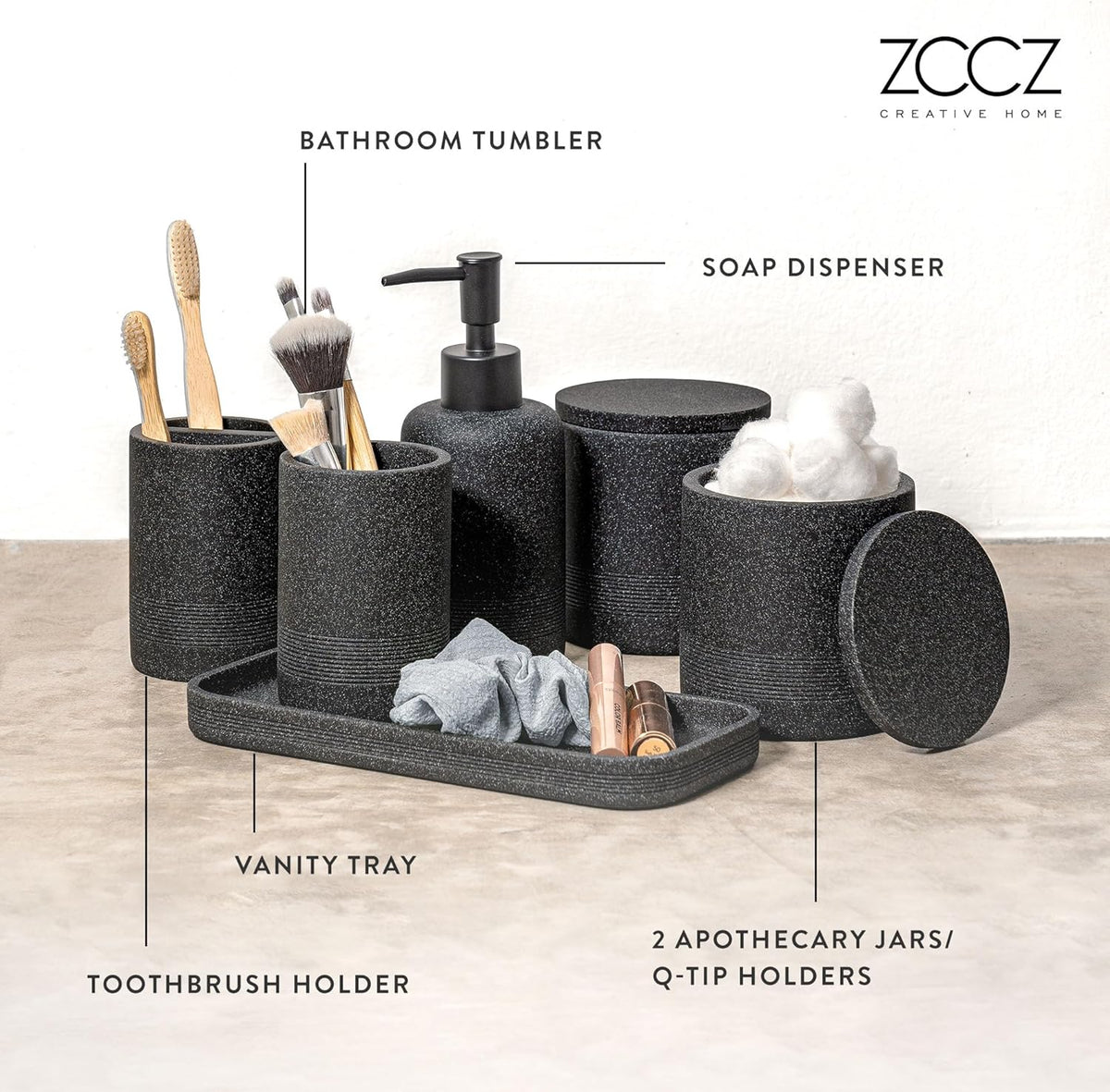 Black Stone Bathroom Accessories Set 6 Pieces - Toothbrush Holder, Lotion Dispenser, Qtip Container, Vanity Tray