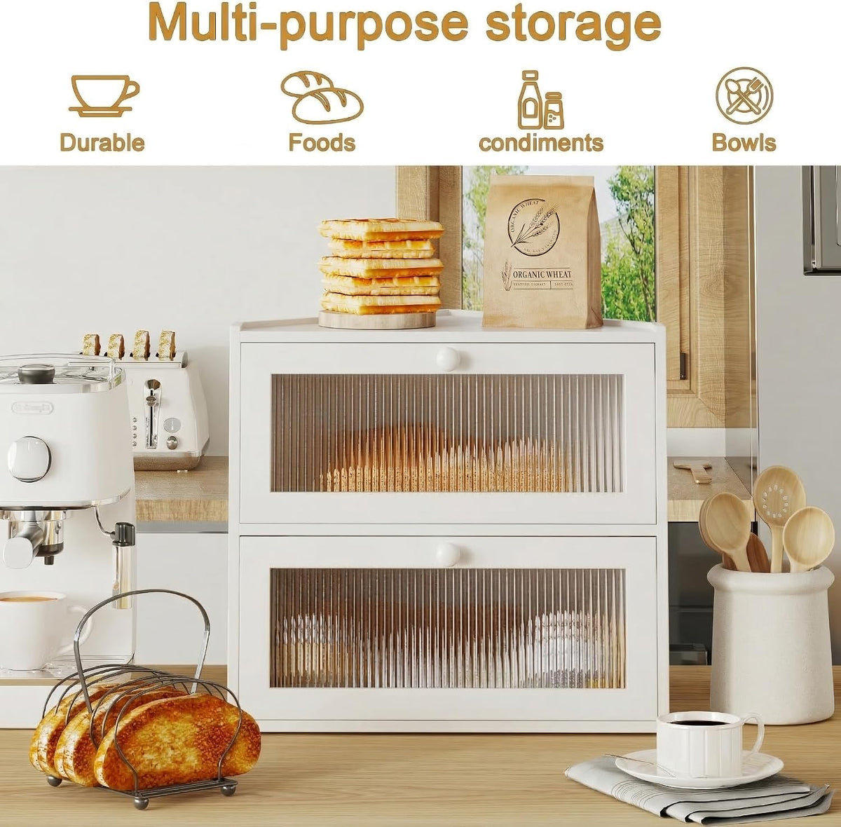 BAMBANG Corner Bread Box for Kitchen Countertop, Double Layer Bamboo Bread Storage Container with Wavy Windows