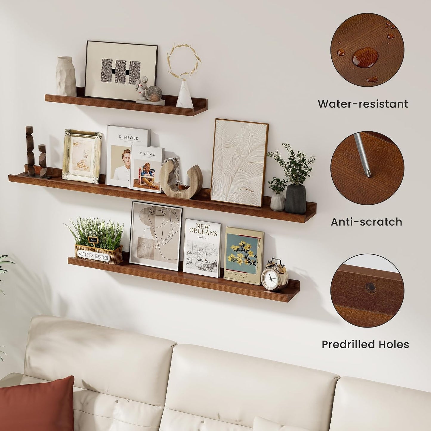 Acovy Solid Ash Wood Floating Shelves, 48 Inch, Walnut, Set of 2 | Wood Picture Ledge, Wall Mounted, For Living Room