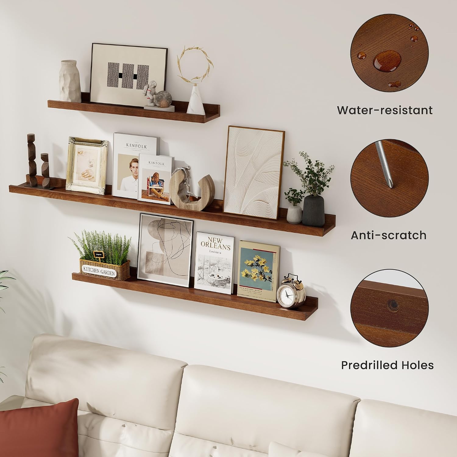 Acovy Solid Ash Wood Floating Shelves, 48 Inch, Walnut, Set of 2 | Wood Picture Ledge, Wall Mounted, For Living Room