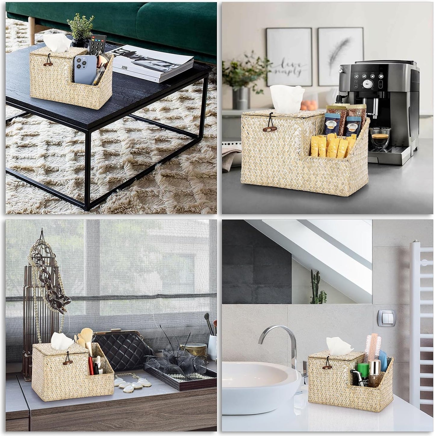 Tissue Box Cover-Square Woven Tissue Box Organizer for Desk Rustic Tissue Box / Whitewash / Seagrass