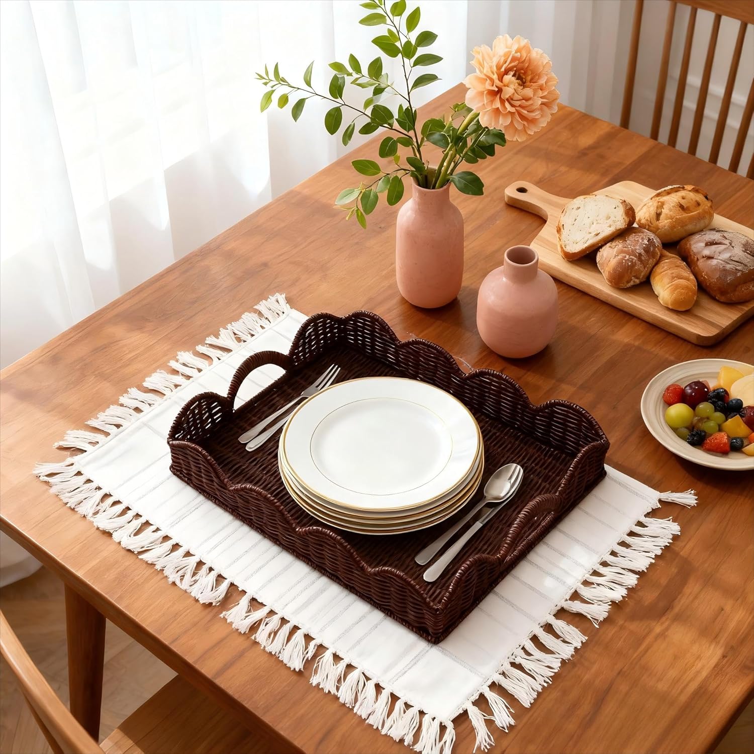 Scalloped Imitation Rattan Tray Basket / Brown&plastic-dark