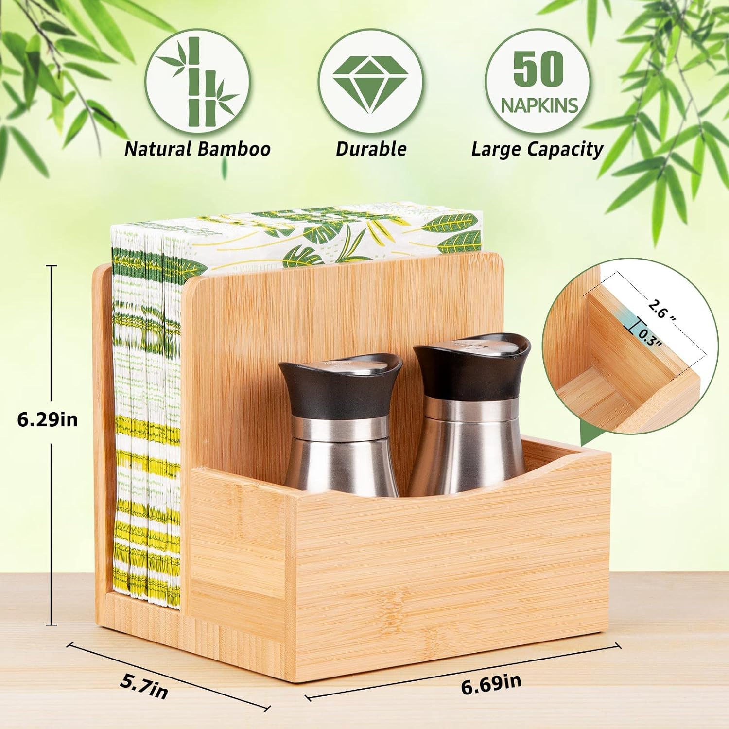 Bamboo Salt Pepper Napkin Holder Set / Natural