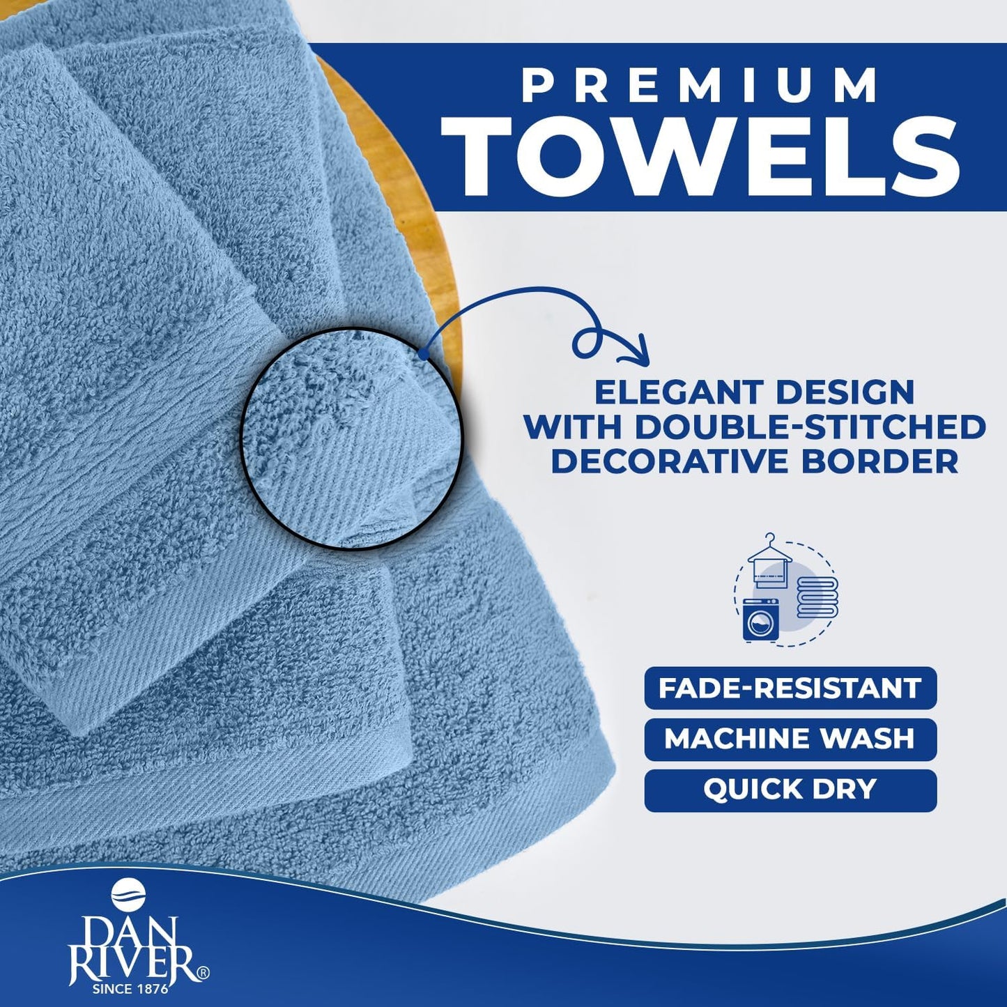 DAN RIVER 8 Piece Luxury Bath Towels for Bathroom, Towel Set, Medium Blue | 2 Bath towels, 2 Hand towels, and 4 Wash