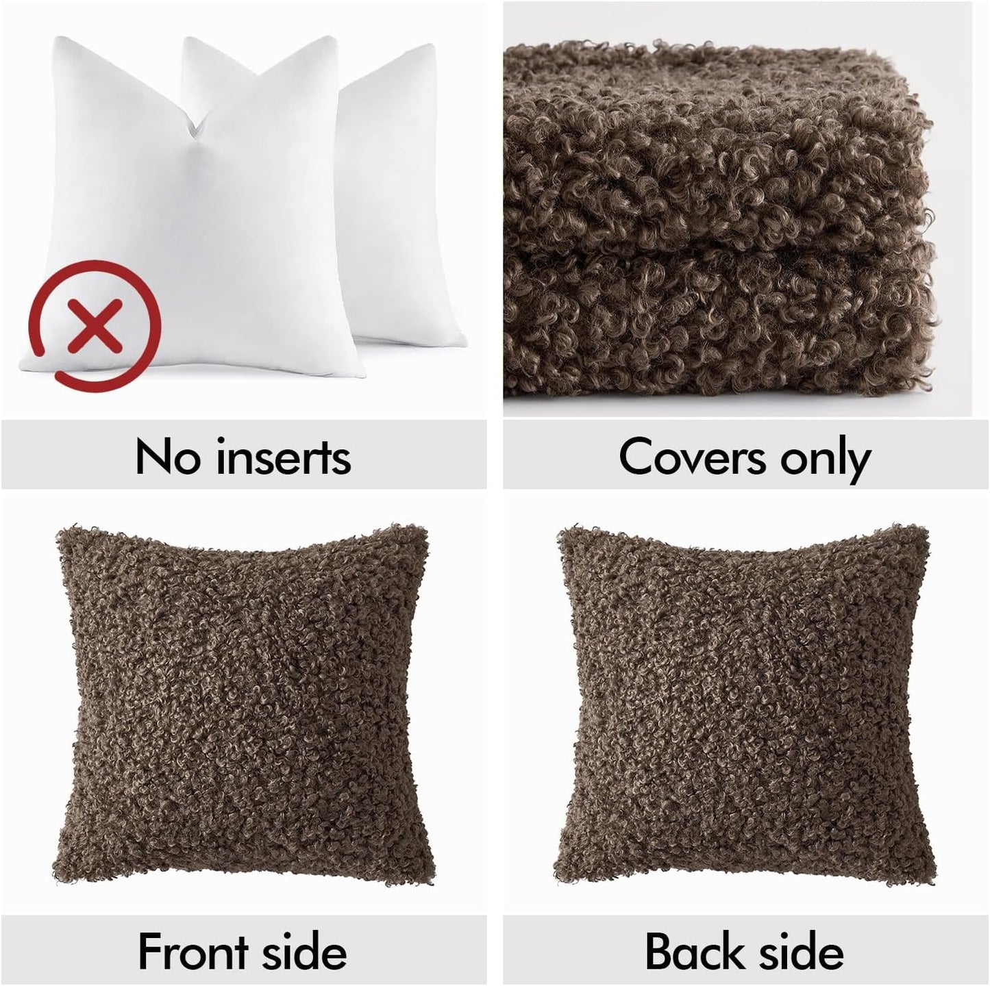 Teddy Faux Fur Throw Pillow Covers Soft Fuzzy Sherpa Sheepskin / Chocolate / 18 x 18 / Set of 2