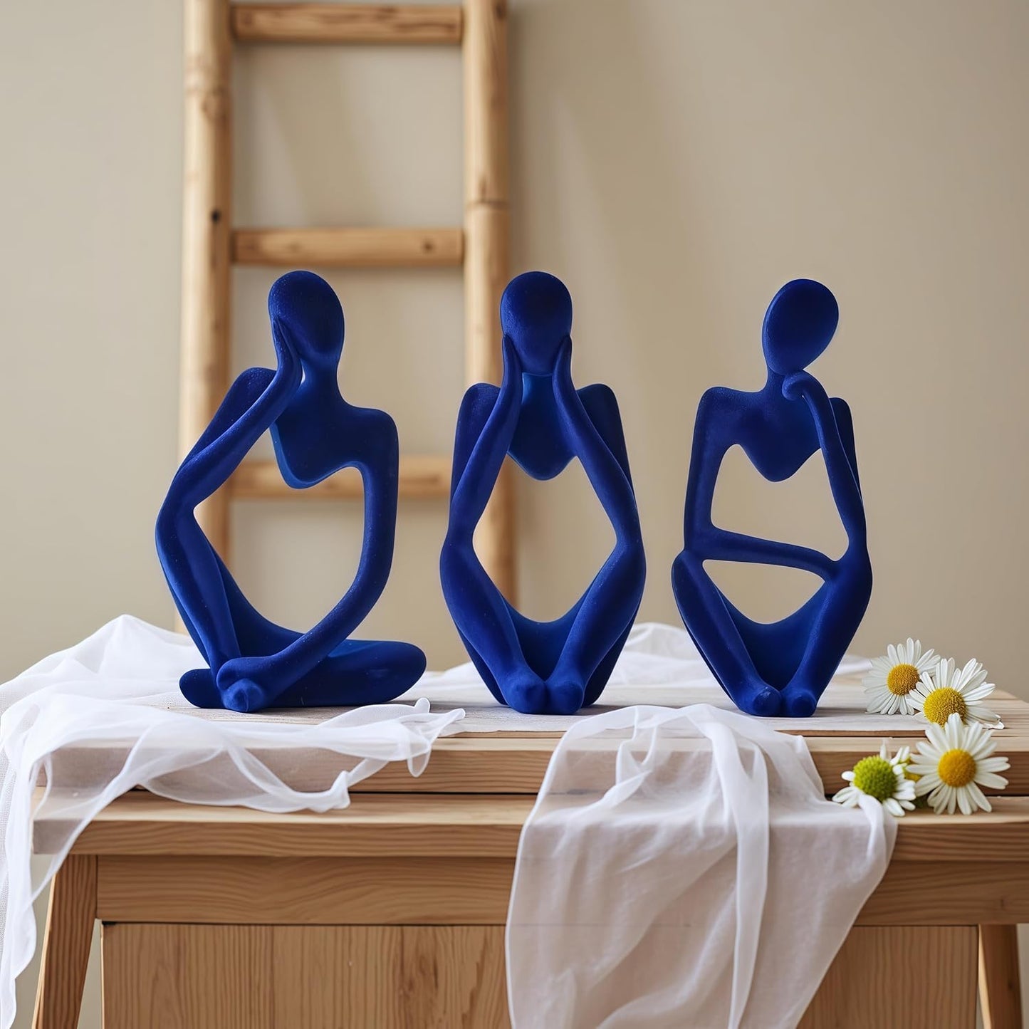 Thinker Statue Home Decor-Bookshelf & Living Room&Mantel-Collectible / Flocking Blue / Set of 3