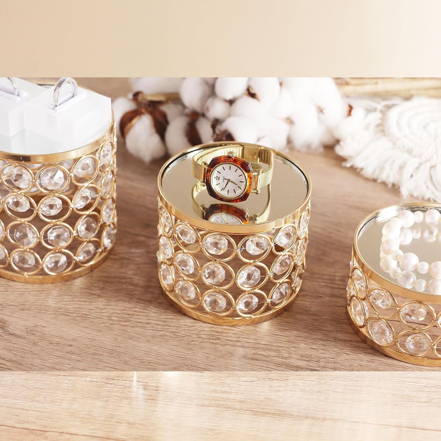 Crystal Display Stands Round Mirrored Risers Decorative Jewelry Perfume Stand / Gold / Set of 3