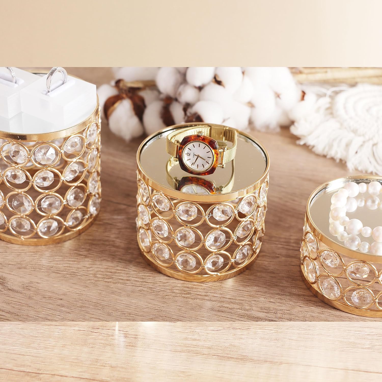 Crystal Display Stands Round Mirrored Risers Decorative Jewelry Perfume Stand / Gold / Set of 3