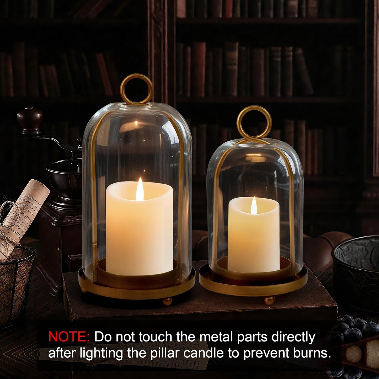 Glass Hurricane Candle Holder Decorative Golden Candle Lantern | Pillar Candlestick Holders Set of 2, Hanging Metal