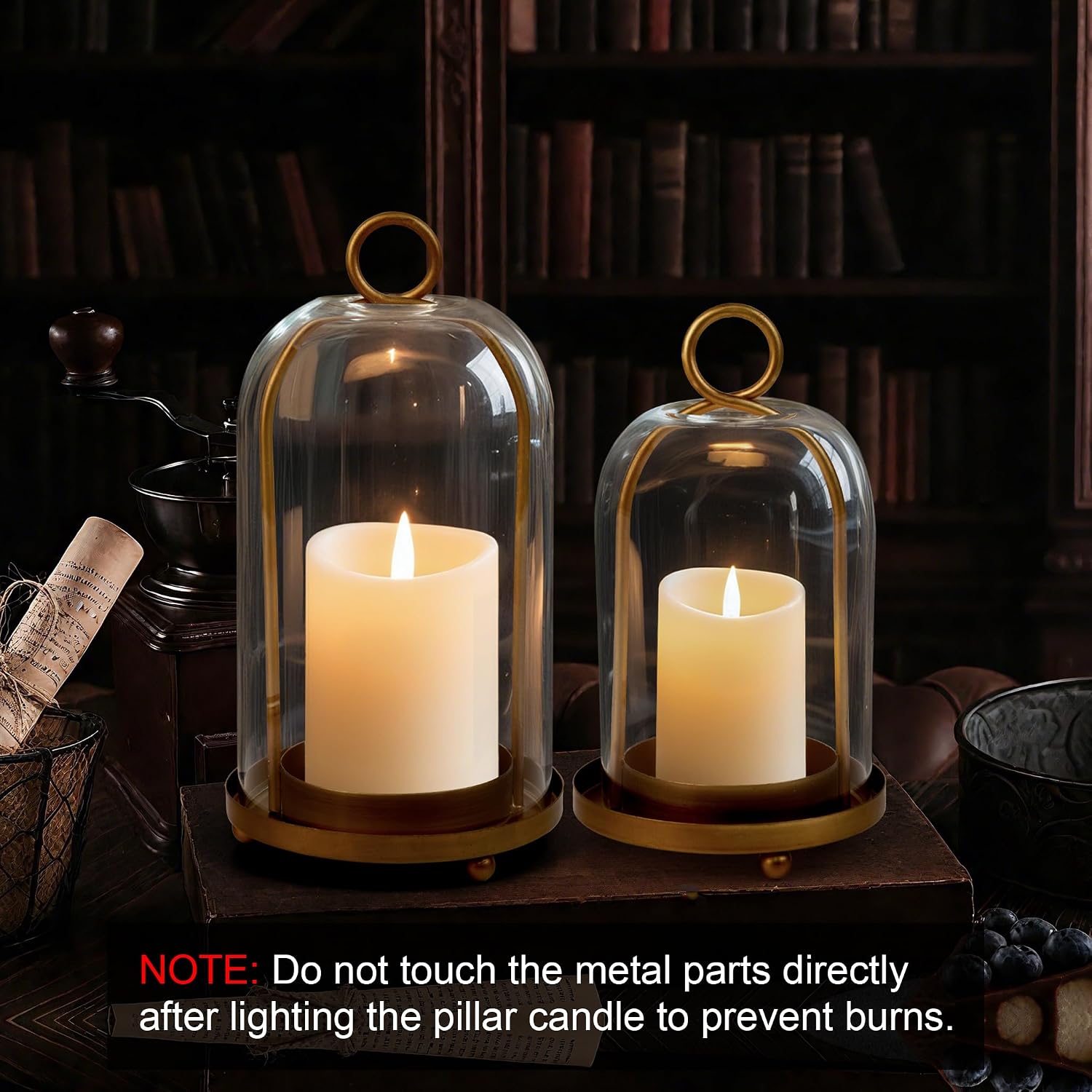 Glass Hurricane Candle Holder Decorative Golden Candle Lantern | Pillar Candlestick Holders Set of 2, Hanging Metal