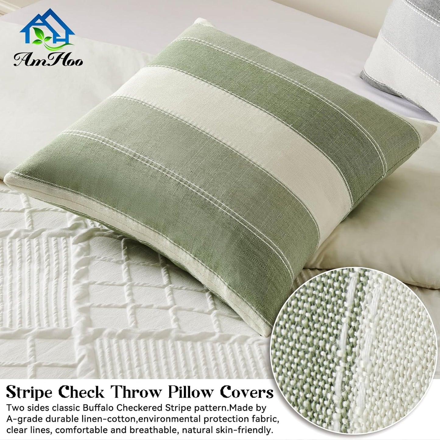 Farmhouse Stripe Check Throw Pillow Covers Set Case Cotton Linen / 18 x 18 / Sage Green / Set of 2