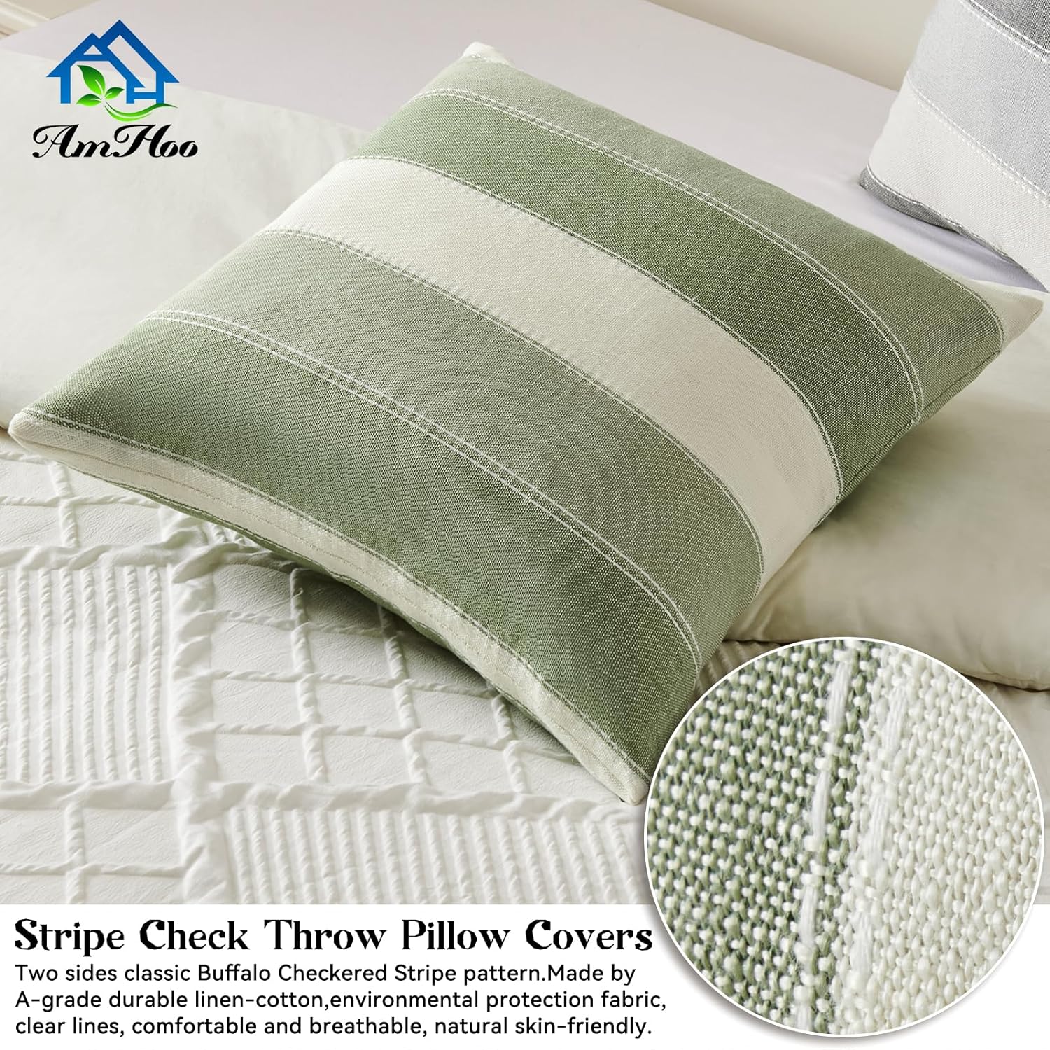 Farmhouse Stripe Check Throw Pillow Covers Set Case Cotton Linen / 18 x 18 / Sage Green / Set of 2