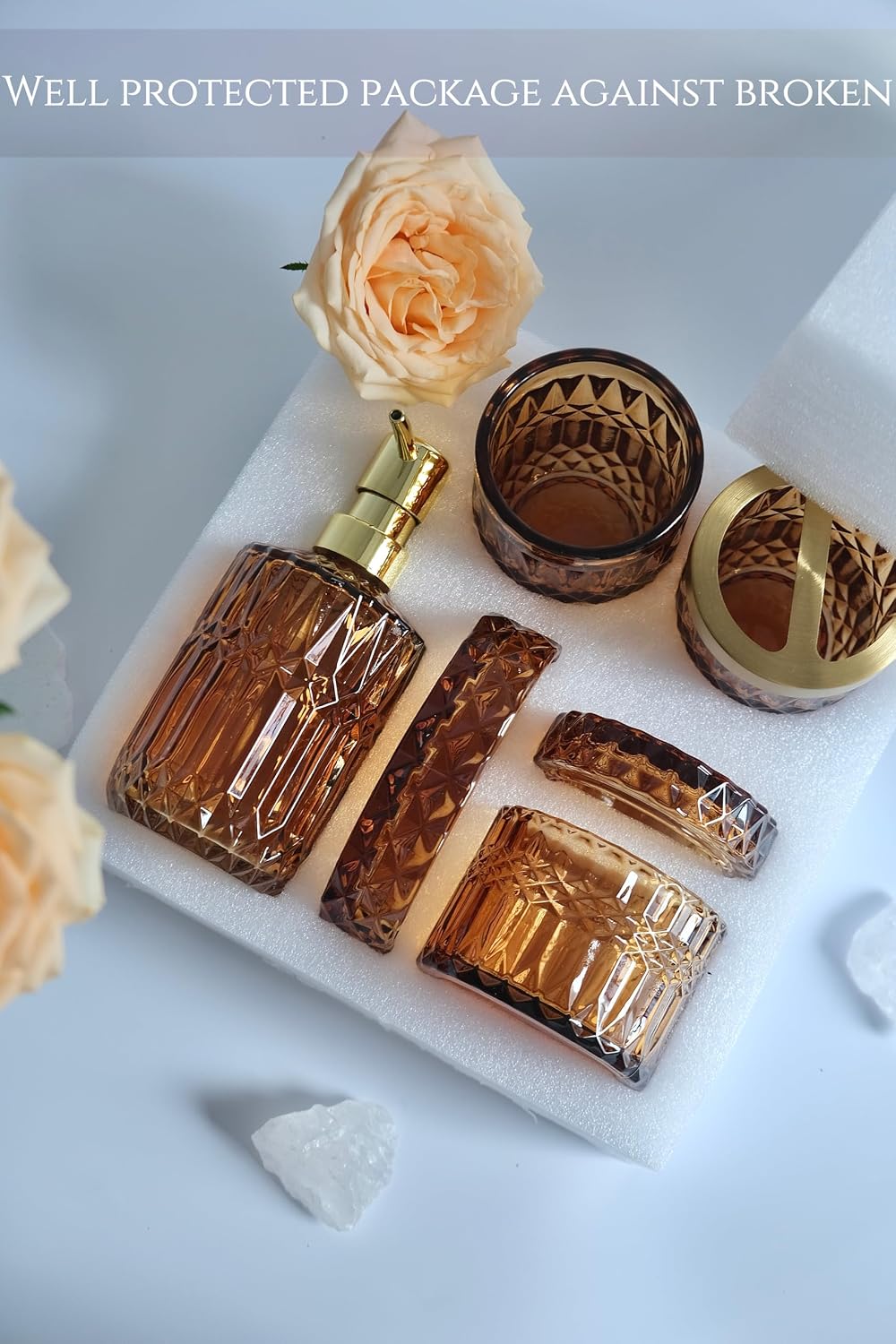 LaMarriti Amber Bathroom Accessories Set, 5Pcs Clear Glass Bathroom Set | Toothbrush Holder Set, Soap Dispenser, Soap