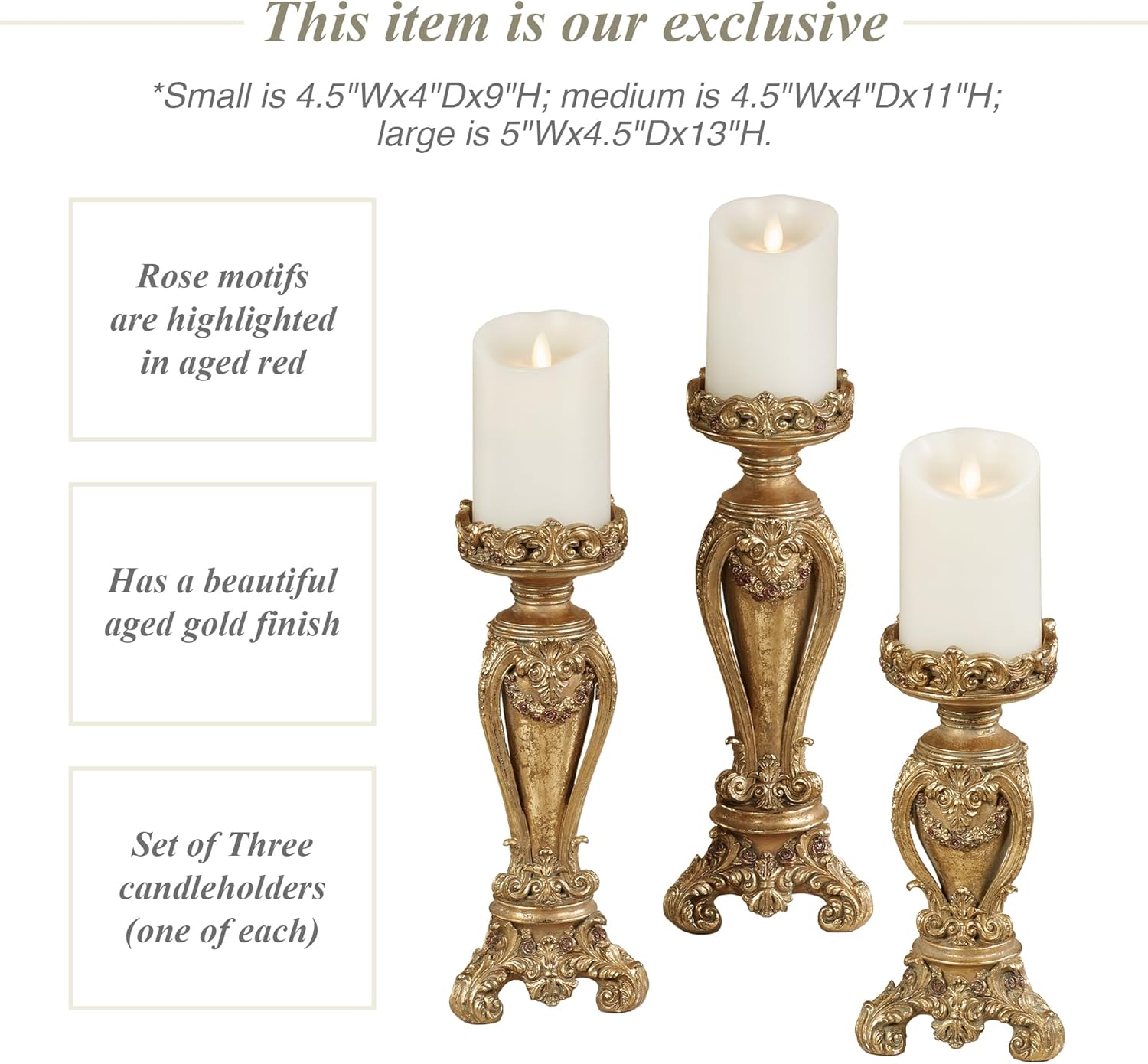 Touch of Class Angelique Ornate Candleholders Aged Gold Set of 3 | Victorian Style, Table Candleholder, For Dining Room