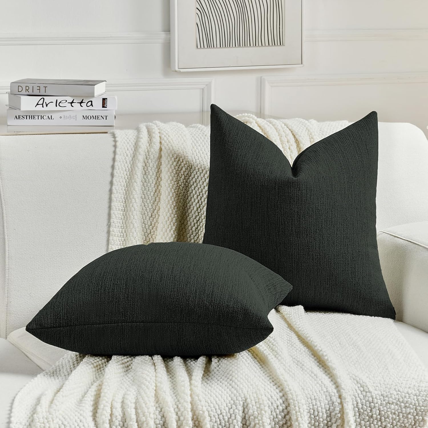 Chenille Decorative Throw Pillow Covers / Black / 18 x 18 / Set of 2