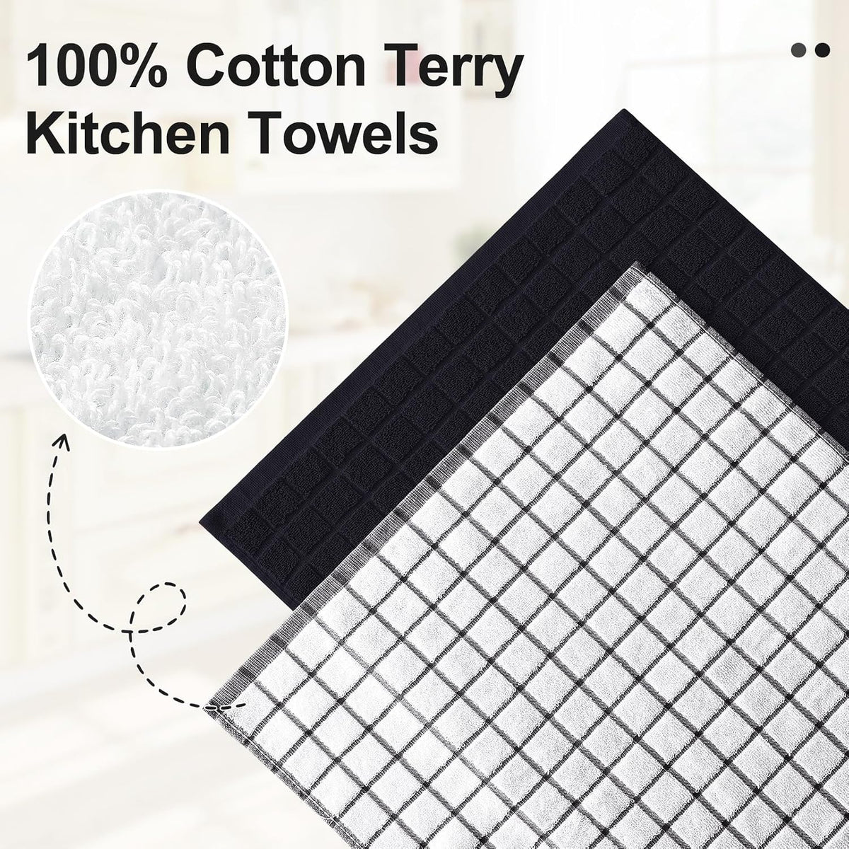 Homaxy Large Premium Cotton Kitchen Towels 16"x 28", 12 Pack, Black | Natural Ring Spun 390 GSM Dish Towels, Super
