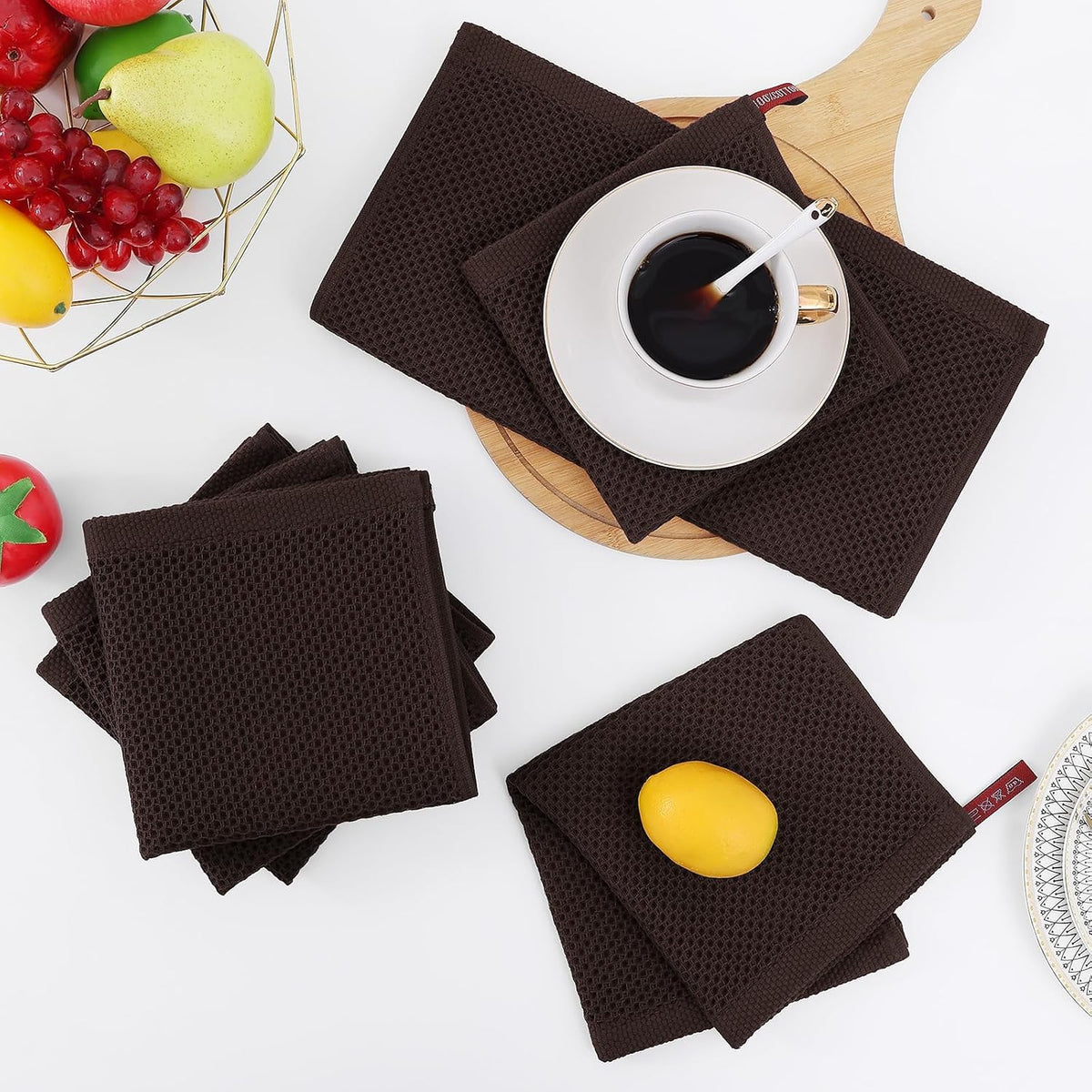Homaxy 100% Cotton Waffle Weave Kitchen Dish Cloths 18-Pack, Dark Brown | 12 x 12 Inches, Ultra Soft Absorbent Dish