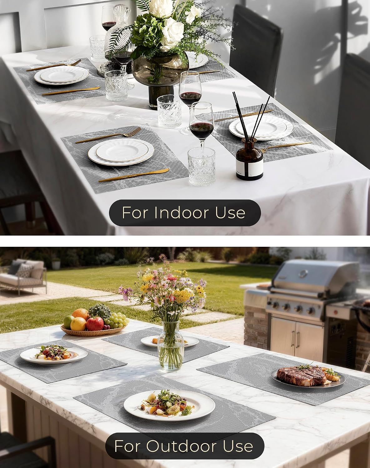 Leetaltree Woven Vinyl Placemats Set of 8,Gray Marble | High Density，Stain Resistant, Easy to Clean, Washable Table