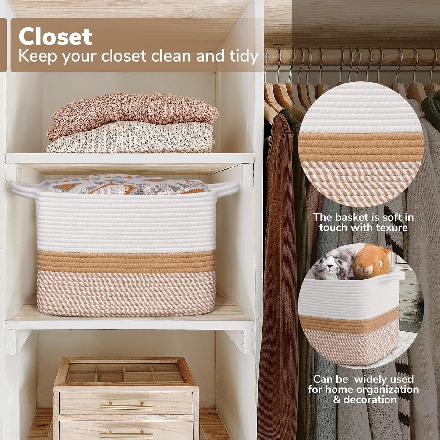 Woven Storage Baskets for Organizing / White & Camel Mix / 13"L x 10"W x 9"H / 13 x 10 x 9