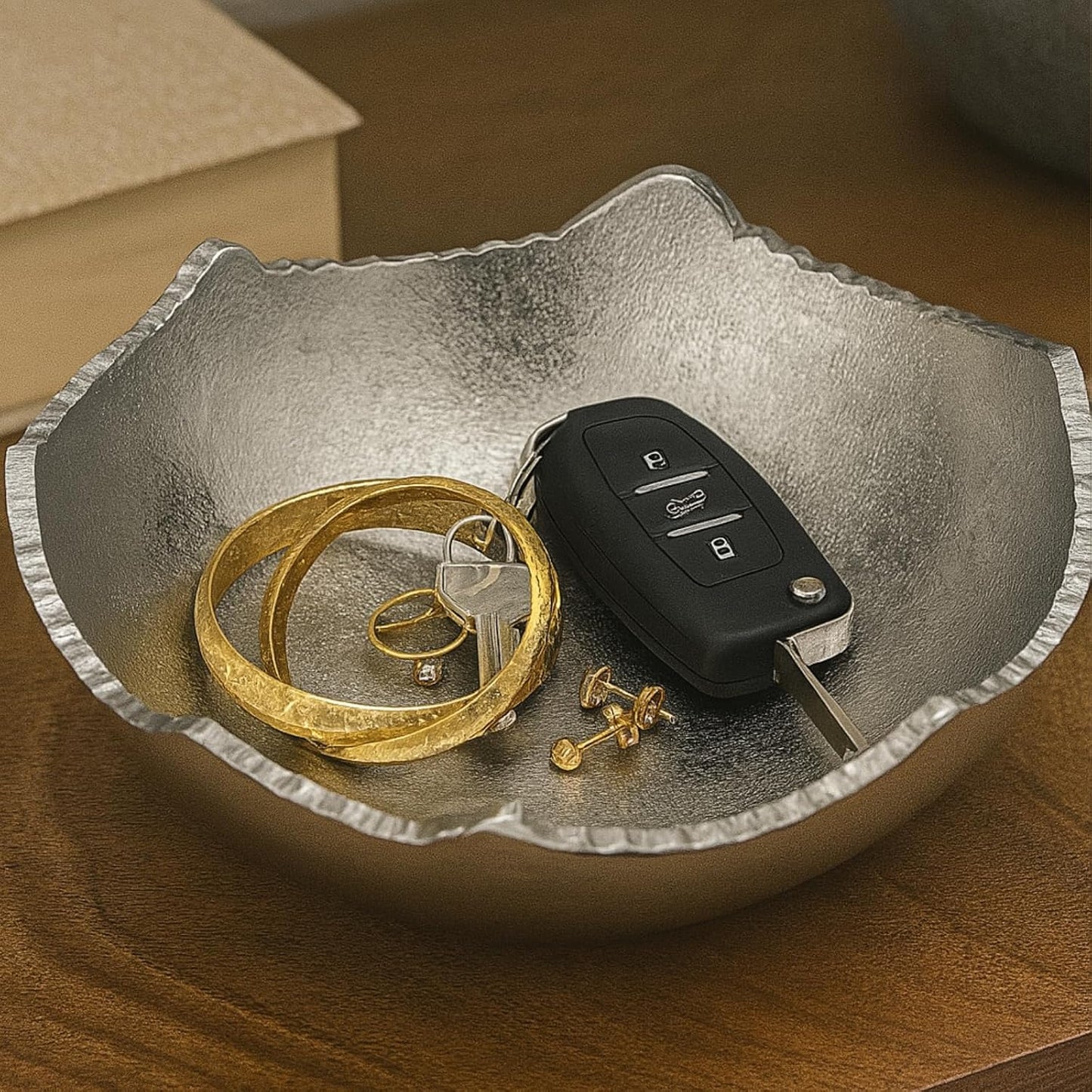 Decorative Moon Decorative Metal Torn Hammered Asymmetrical Centerpiece Bowl / Silver / 8.5 Inch