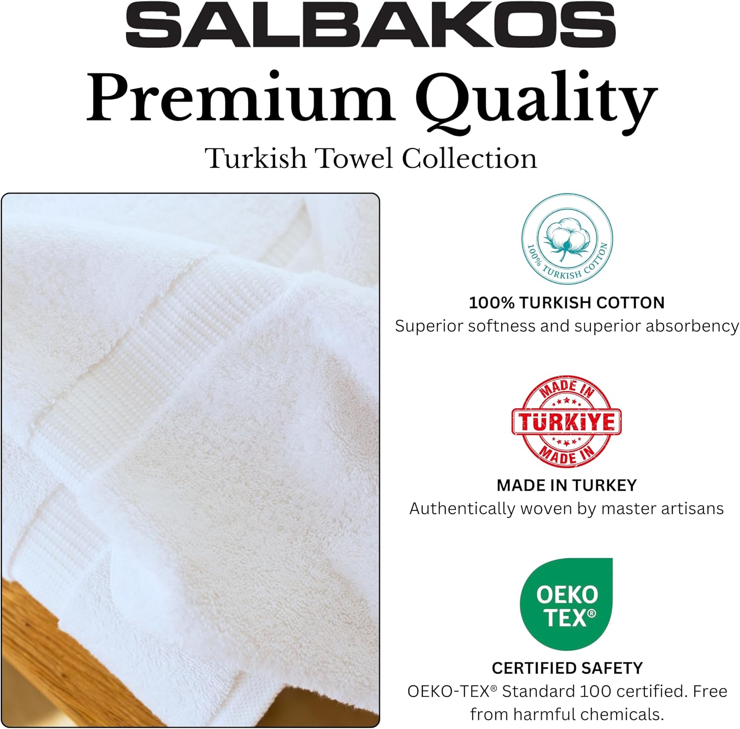 SALBAKOS 6-Piece 100% Turkish Cotton Hand Towels, 16x30 inch, White | Large Size Thick Super Soft Highly Absorbent