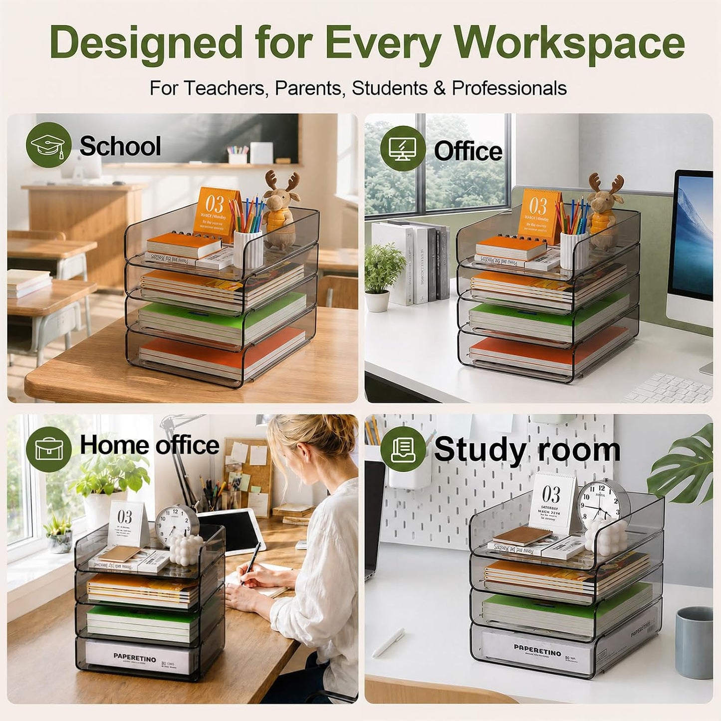 4-Tier Acrylic Paper Tray Organizer / Brown / 12.6 x 9.6 x 11
