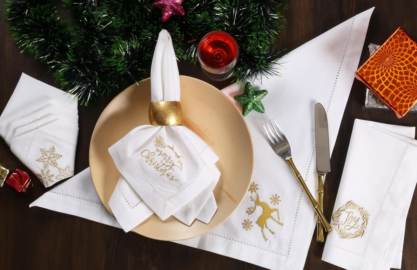 Bedding Craft Cotton Cloth Dinner Napkins, White & Gold, 18x18, 12-Pack | 100% cotton, gold embroidery, machine