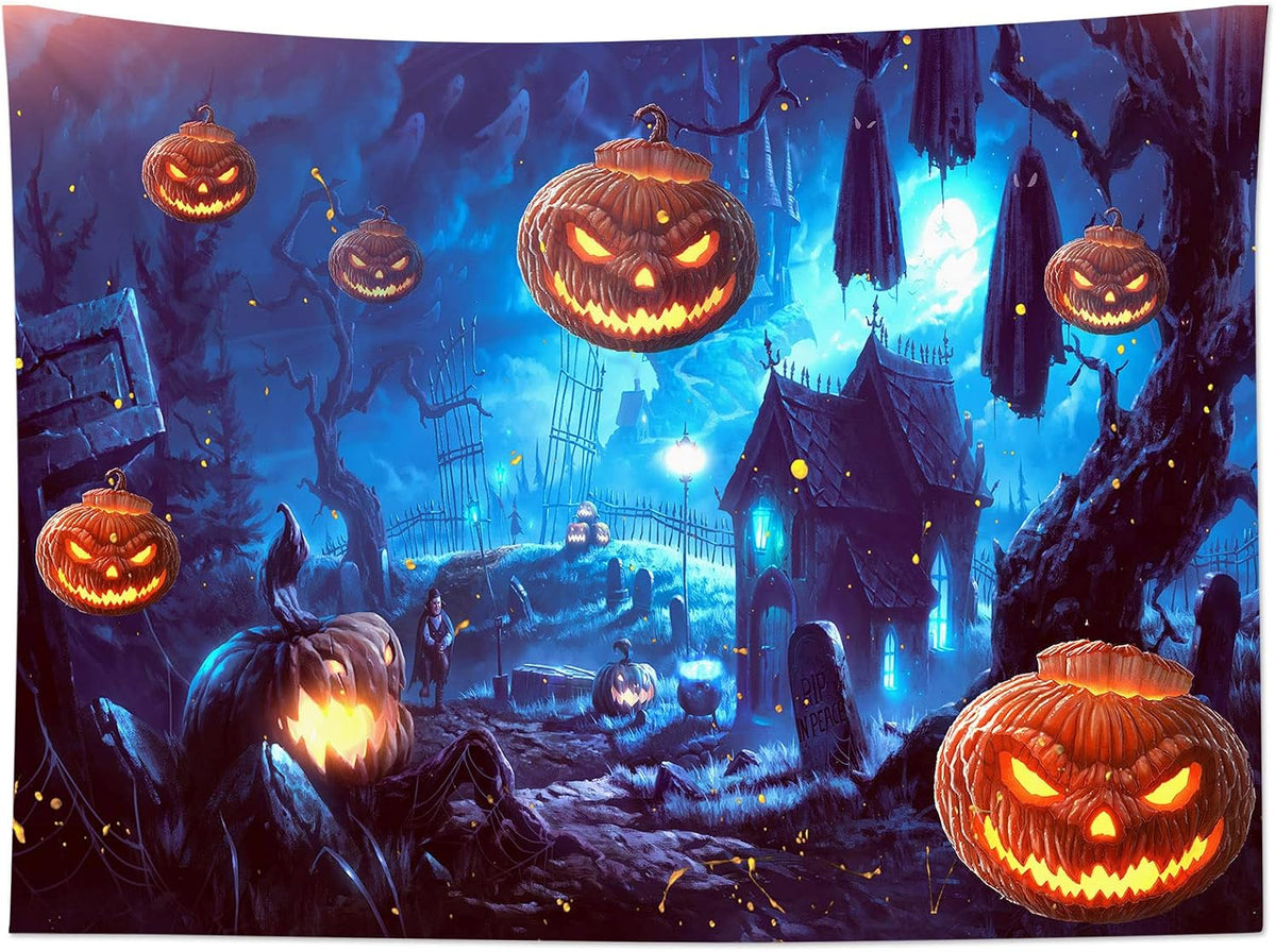 HVEST Halloween Tapestry Terror Pumpkin Jack-O-Lantern Wall Decor Night Spooky Jungle Tapestry Hunted House Picture Wall Art for Bedroom Home Dorm Halloween Decor 60Wx40H inches