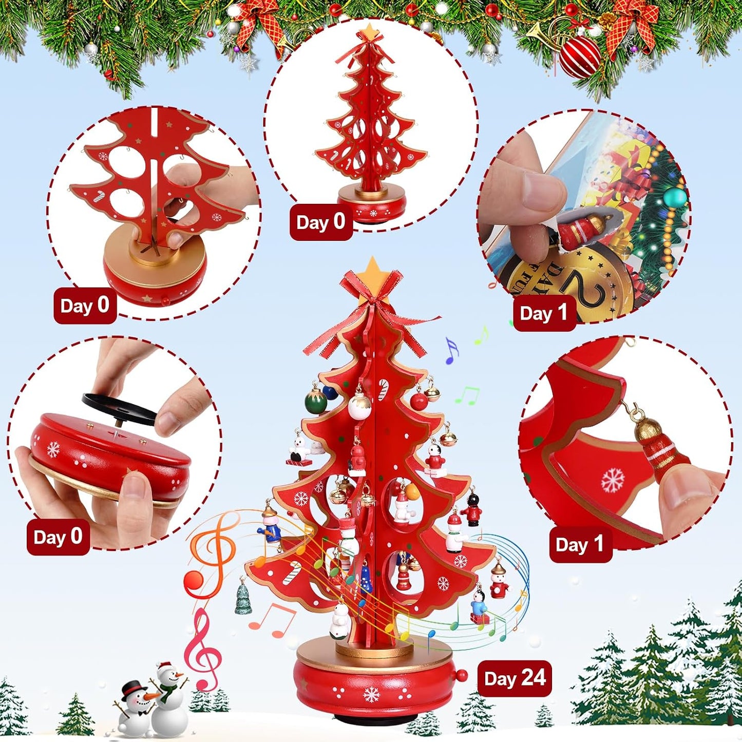 Uspring Christmas 24 Days Countdown Advent Calendar 2025, Musical Wooden Christmas Tree with Classic Music Box and 36