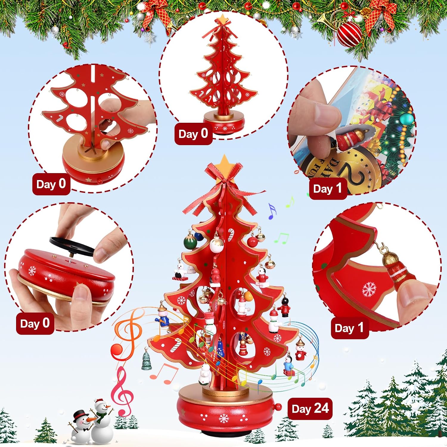 Uspring Christmas 24 Days Countdown Advent Calendar 2025, Musical Wooden Christmas Tree with Classic Music Box and 36
