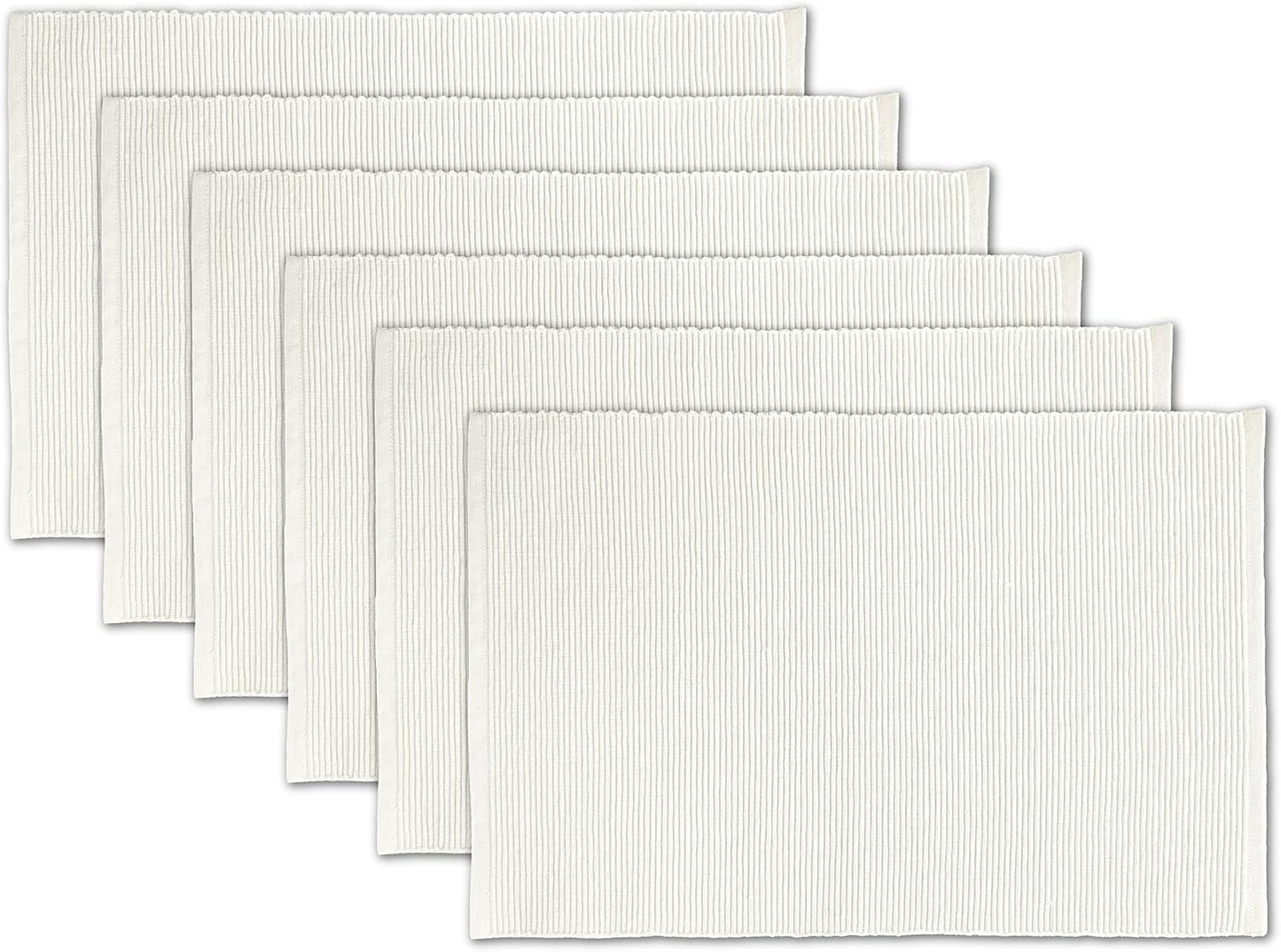 100% Cotton Ribbed Placemats - Set of 6-13 x 19 Inches - Off White - Everyday Cloth Table Mats - Thick Construction