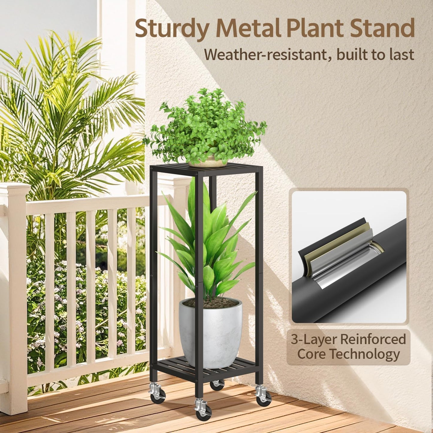 LASZOLA Plant Stand Shelf Indoor Outdoor Tall Corner, 2 Tier Metal Black | Iron Flower Holder with Wheels for Large