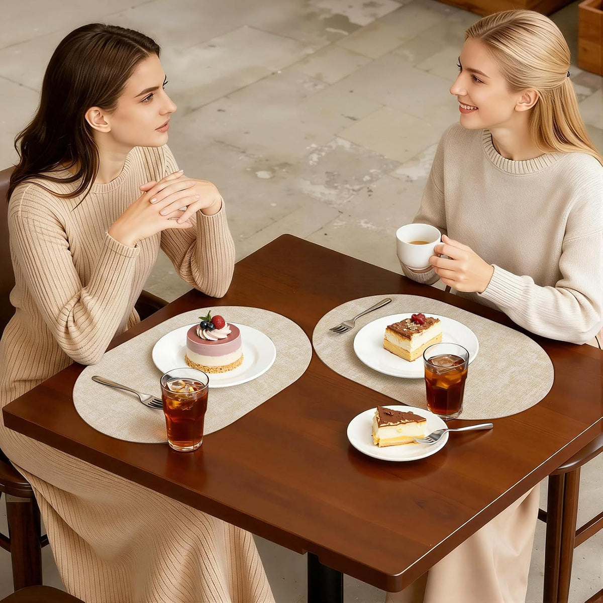 Placemats Set of 6, 11.8 x 17 Inch, Beige | Heat Resistant Oval Faux Leather Place Mats, Waterproof Wipeable Reversible