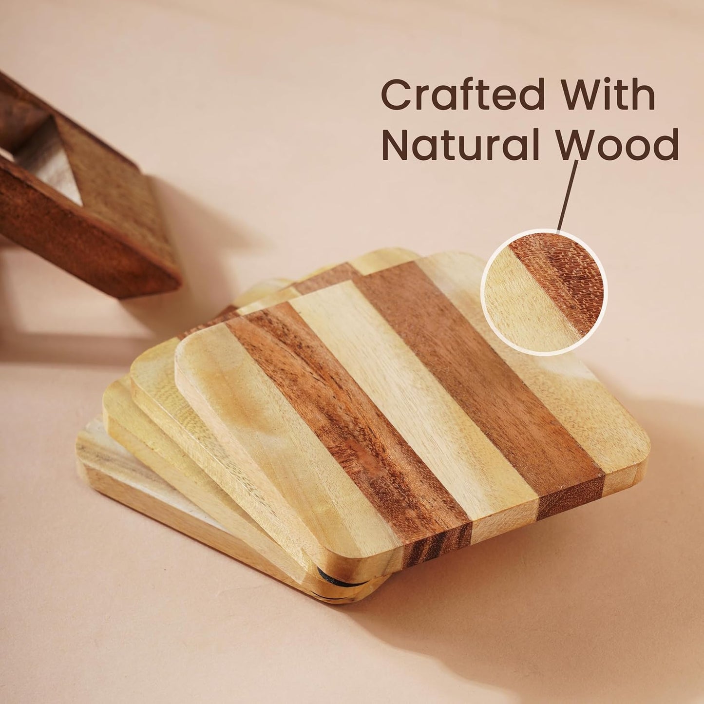 Holder Handmade Wooden Square Dual Tone Color Striped Design / Dual-color / Wood / 4 x 4 / Set of 4