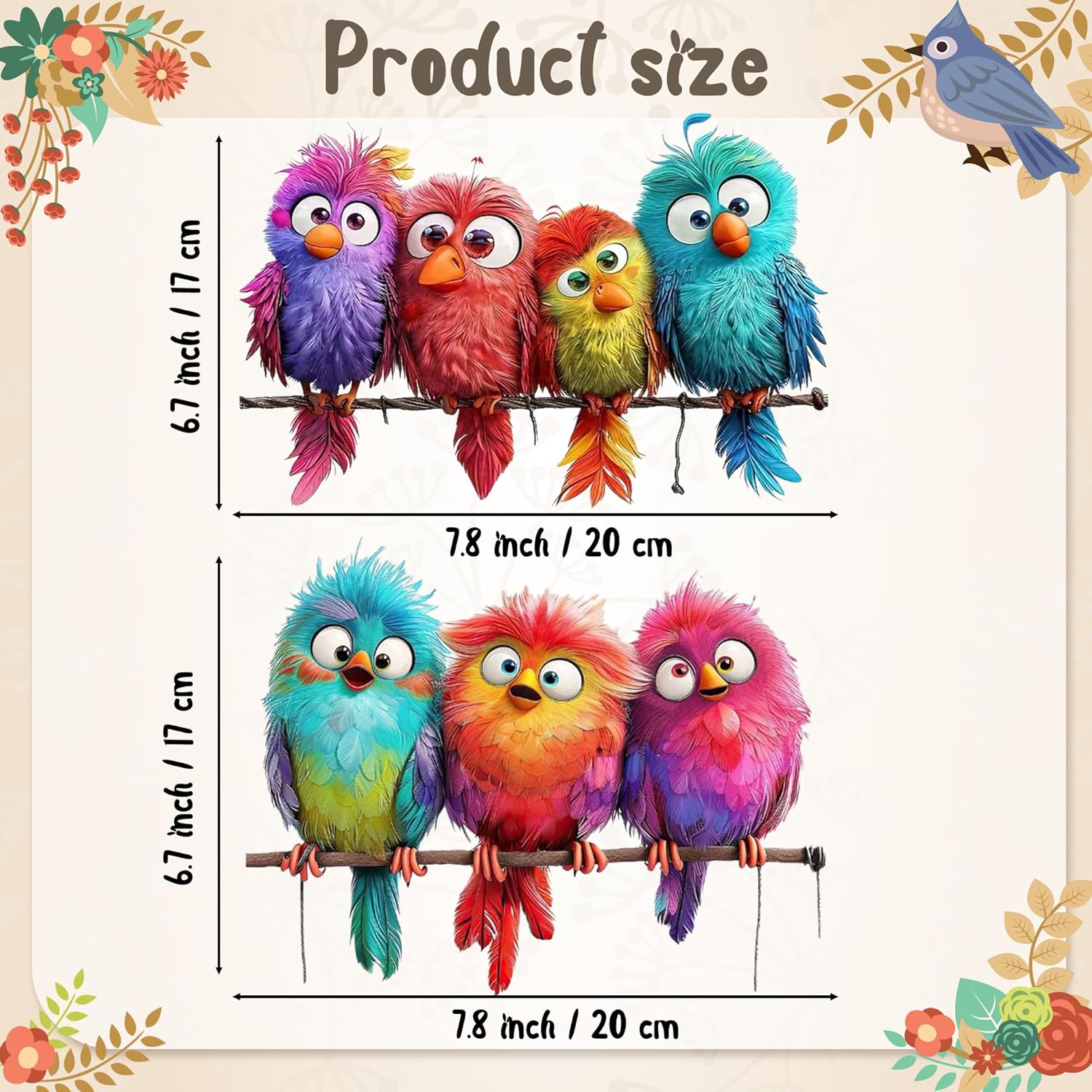 Funny Birds Vinyl Decals on Branch Wall Easy Peel and Stick Watercolor / Colorful / Set of 9