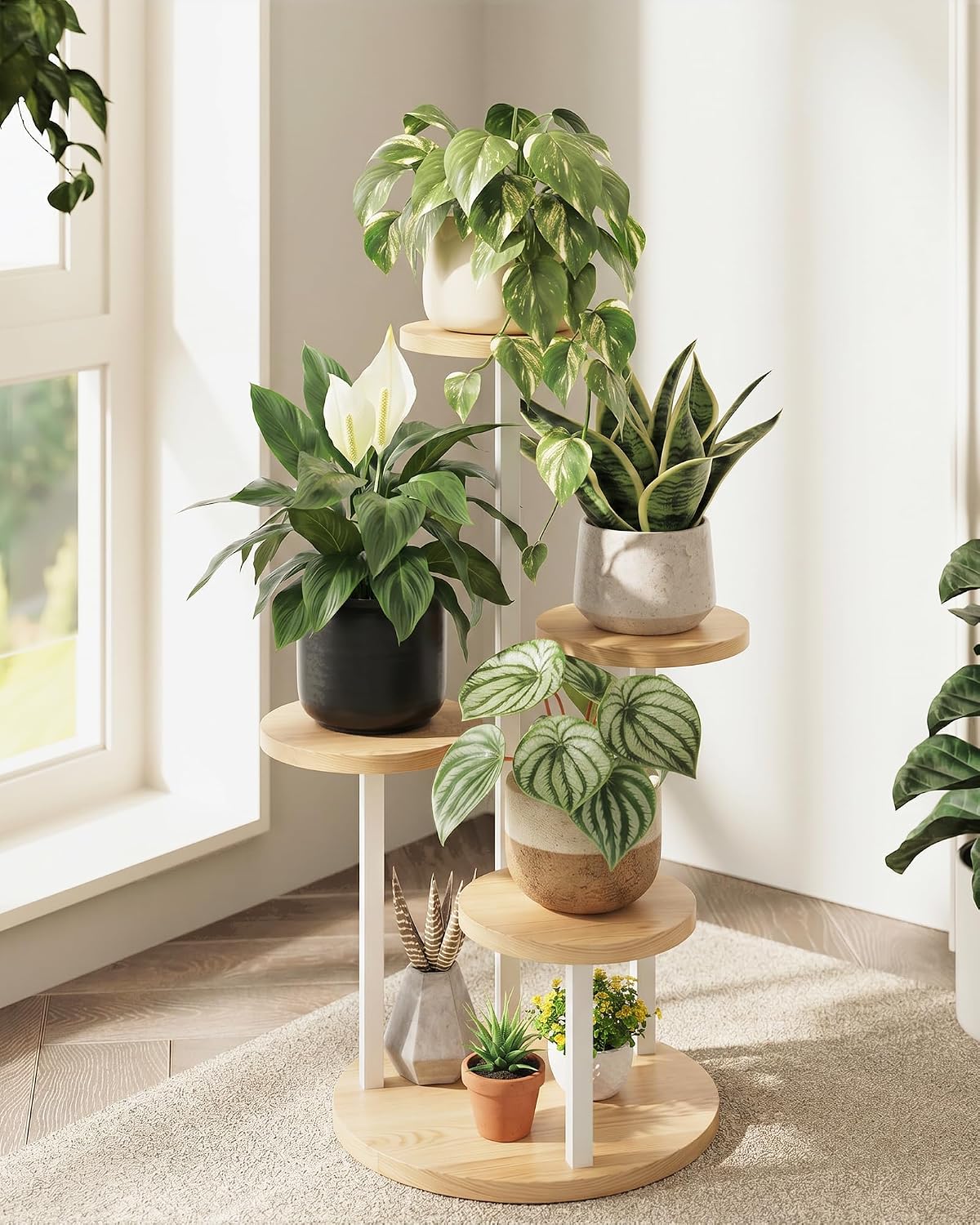 Bamworld Plant Stand Indoor Wood Plant Stand 4 Tier White | plant holders for Multiple Plants Tall Corner Plant Stands