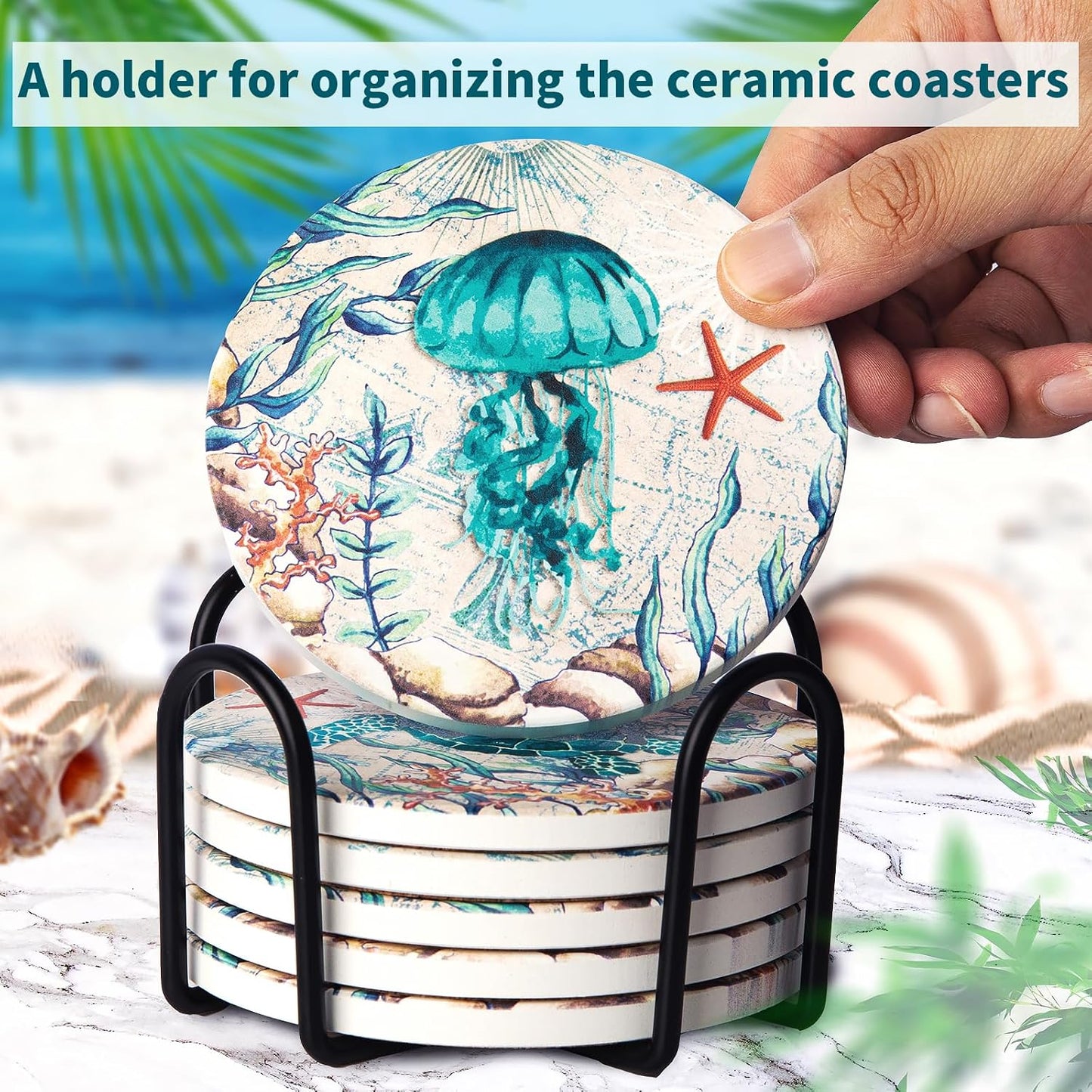Holder Ceramic Absorbing Stone Sea Ocean Life Cork Base Coastal Decor Theme / Beach / Set of 6