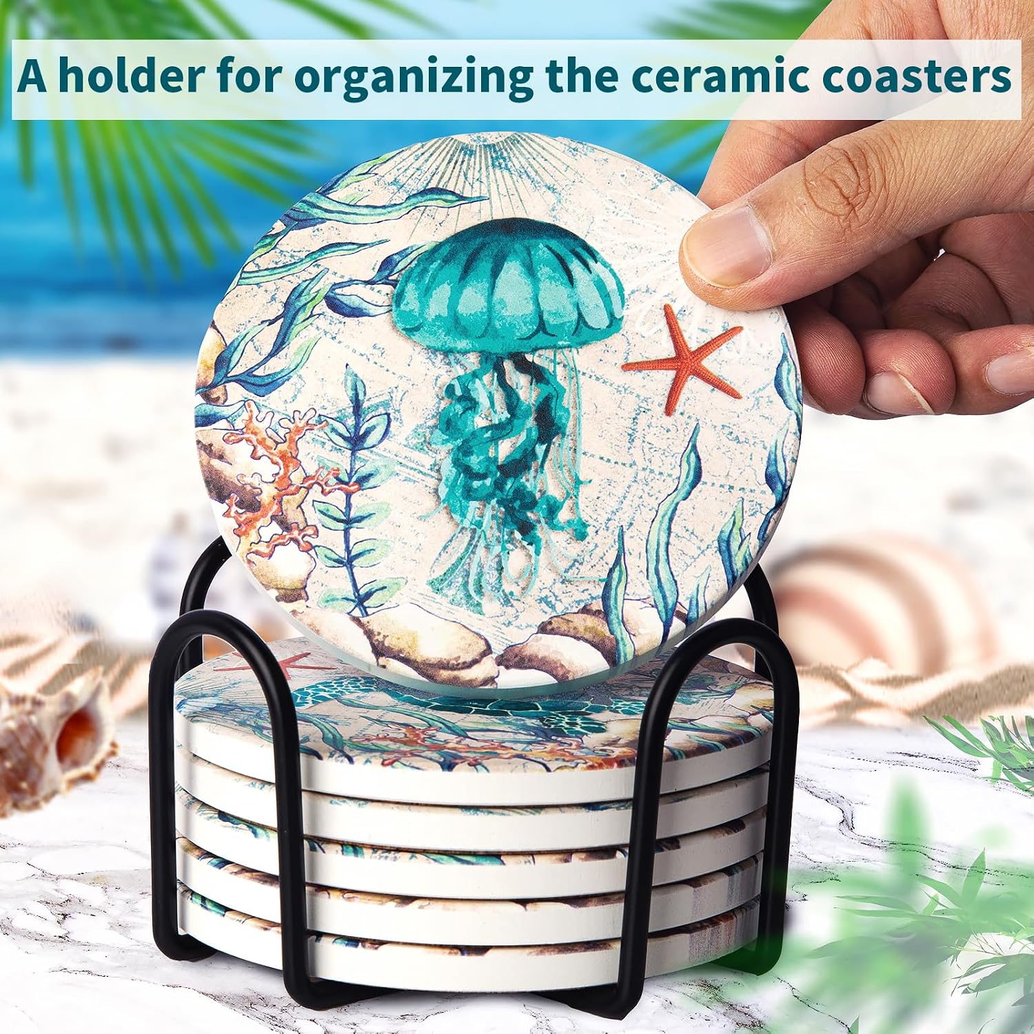 Holder Ceramic Absorbing Stone Sea Ocean Life Cork Base Coastal Decor Theme / Beach / Set of 6
