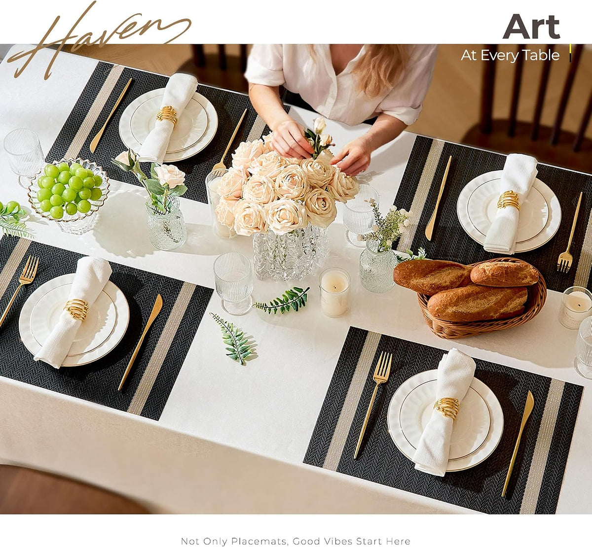 Leetaltree Woven Vinyl Placemats Set of 8,Black Striped | High Density，Stain Resistant, Easy to Clean, Washable Table